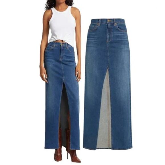 Ramy Brook Madalyn Denim Maxi Skirt US 29 Blue Jean Front Slit Western Preppy - Picture 1 of 12